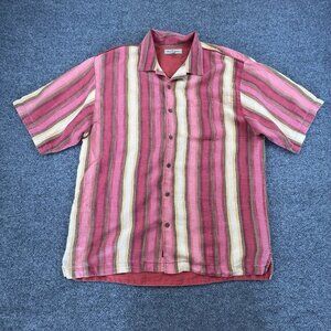 Tommy Bahama 100% Linen Shirt Men XL Pink Stripe Button Front Camp Short Sleeve